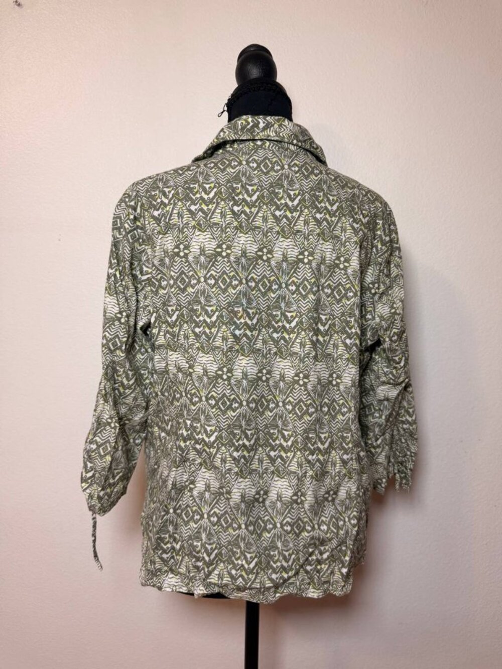 Erika Olive Green Boho Geometric Print Button Up Blouse Earthy Safari Style PL - Picture 3 of 7